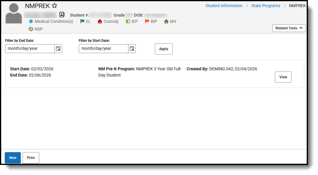 Screenshot of the NMPREK screen.