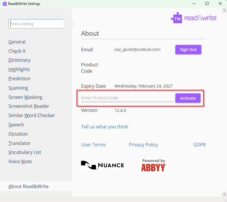 Read&Write for Windows enter Product Code and click Activate