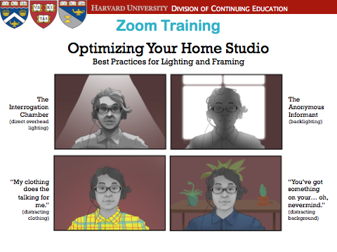 Illustrations of bad production scenarios. The Interrogation Chamber (direct overhead lighting). “My clothing does the talking for me.” (distracting clothing). The Anonymous Informant (backlighting). “You’ve got something on your… oh, nevermind.”(distracting background)