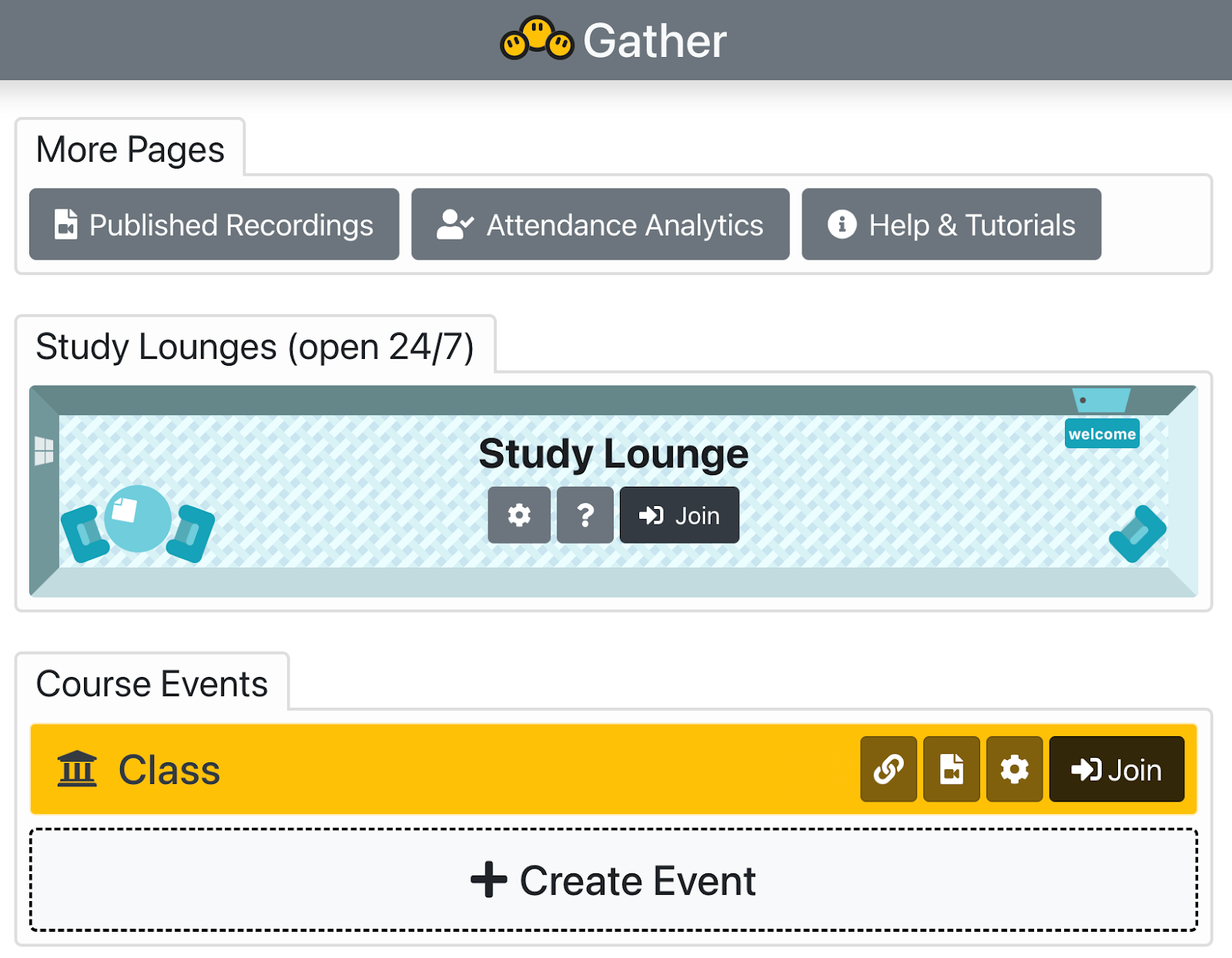 Screenshot of Gather page from Canvas.  In the first div table there are buttons for Published Recordings and Help & Tutorials. Below that is the Class event with the option to Join. 