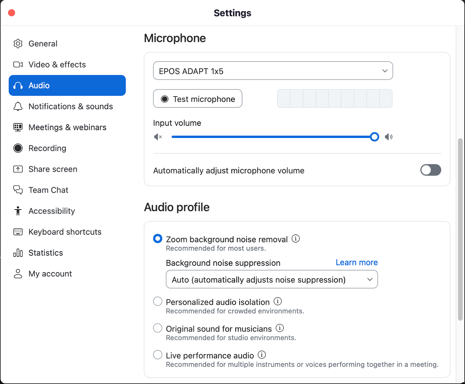 Automatically adjust microphone volume is off. Zoom background noise removal is selected and set to Auto. No other options are selected. 