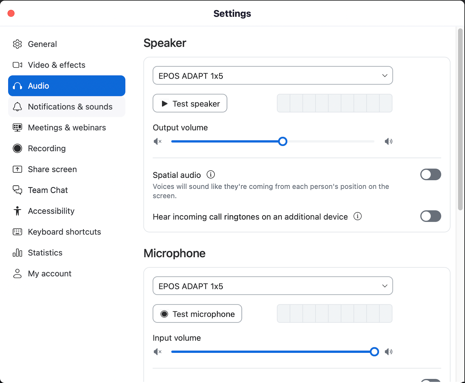 Speaker. EPOS ADAPT 1x5. Test Speaker. Output Volume set part way. Spatial Audio is off.  Microphone.  EPOS ADAPT 1x5. Test microphone. Input volume slider set. Image clips into next image. 