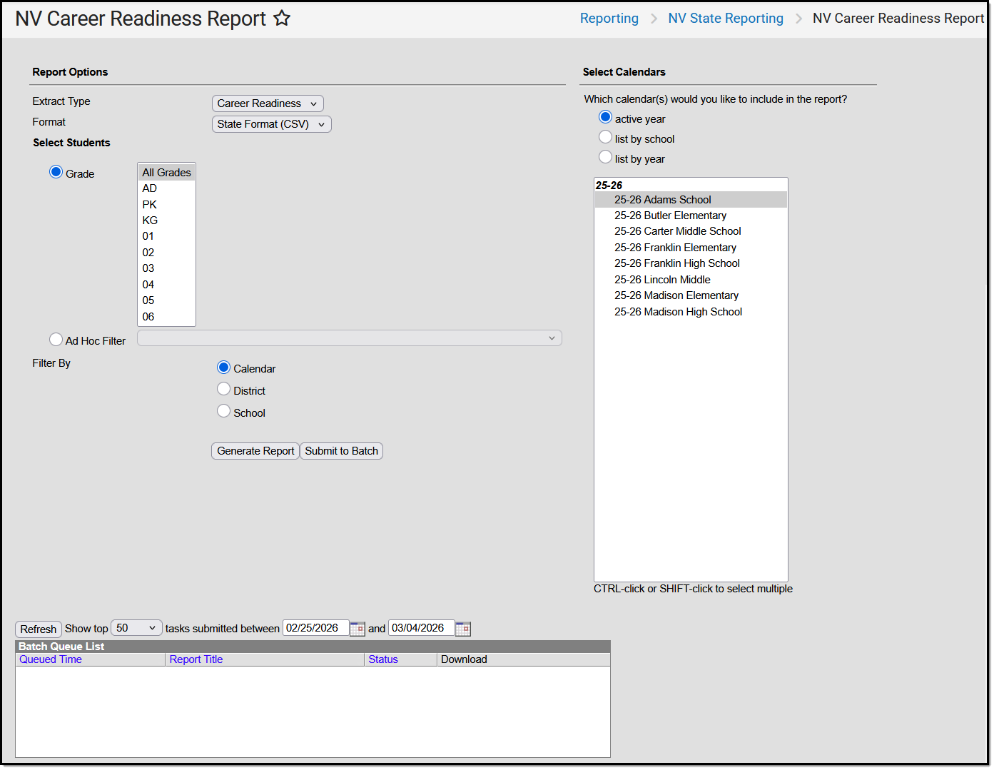 Screenshot of the career readiness report editor.