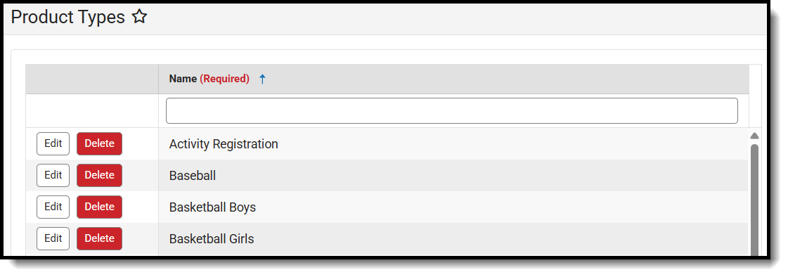 Screenshot of the Product Types tool with a list of available product types. 