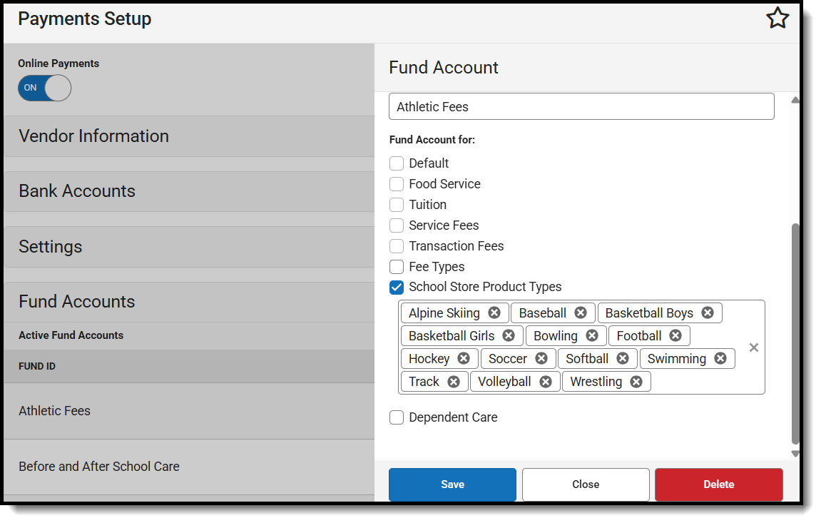 Screenshot of the Payments Setup screen, with Fund Account selected, displays with a callout indicating where School Store Product Types can be assigned. 