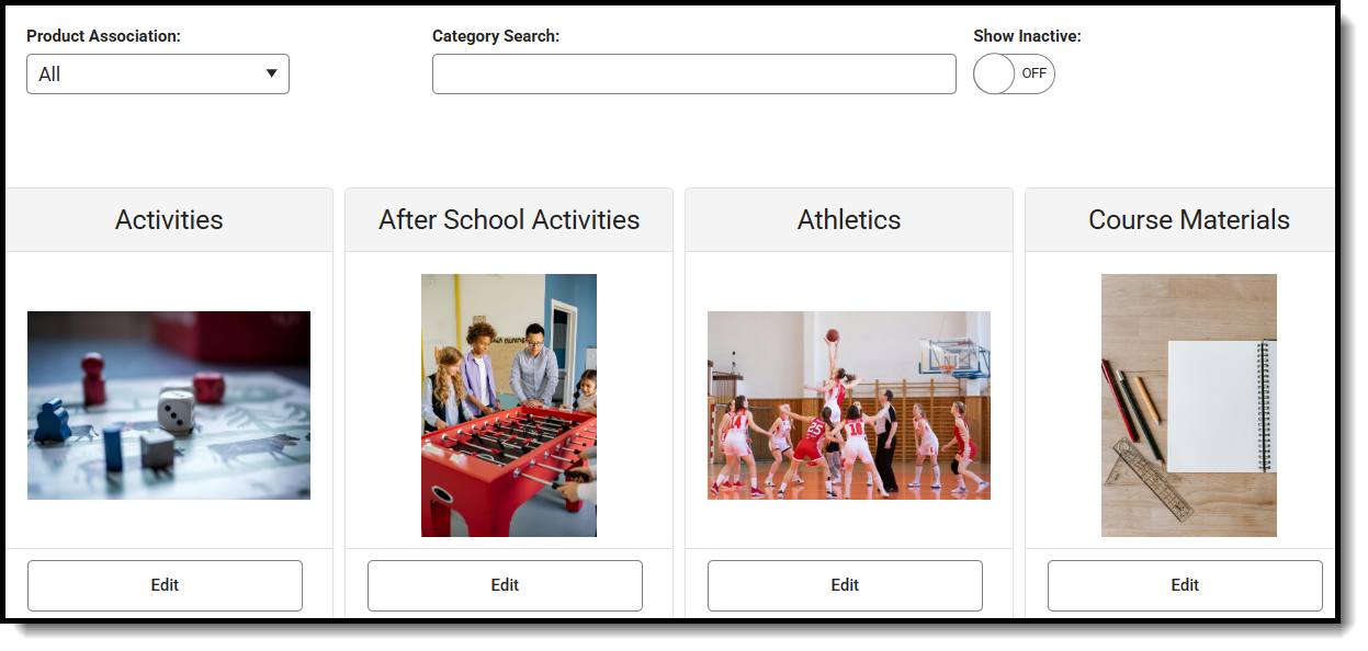 Screenshot of the Categories tool with example categories listed and Show Inactive switched on. 