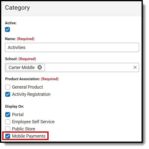 Screenshot of the Mobile Payments checkbox selected.