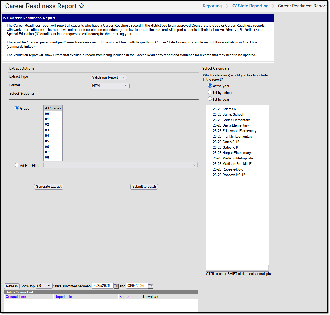 Screenshot of the Career Readiness report editor. 