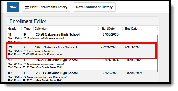 Screenshot of the student's list of enrollments showing the Enrollment History record. 
