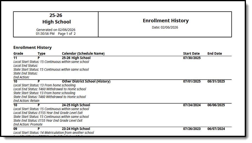 Screenshot of the Enrollment History Report. 
