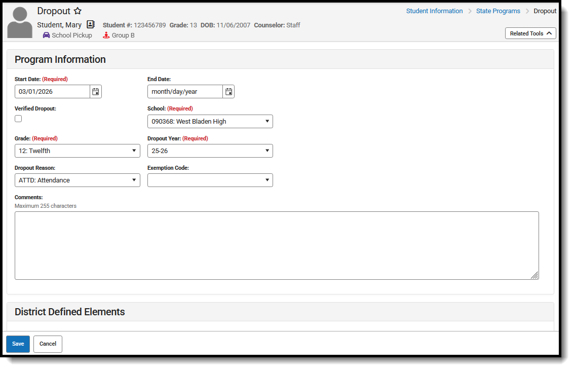 Screenshot of the Dropout Program record, located at Student Information, State Programs. 