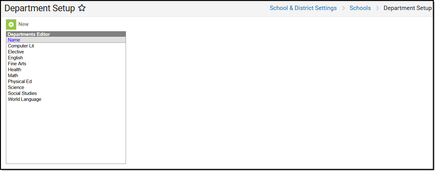 Screenshot of the department setup editor