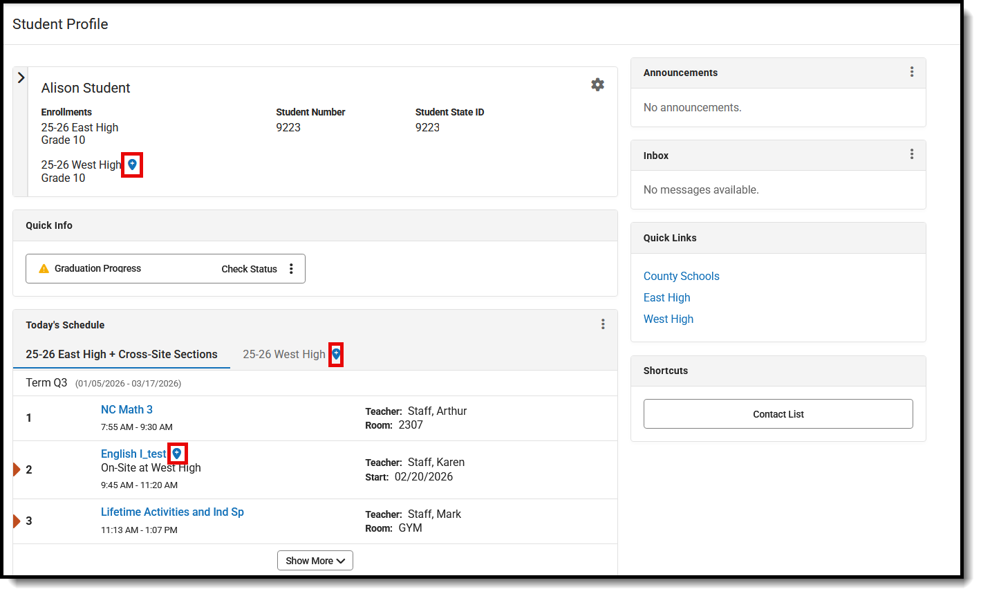Screenshot of Campus Student Home, showing information on a Cross-Site Enrolled students. 