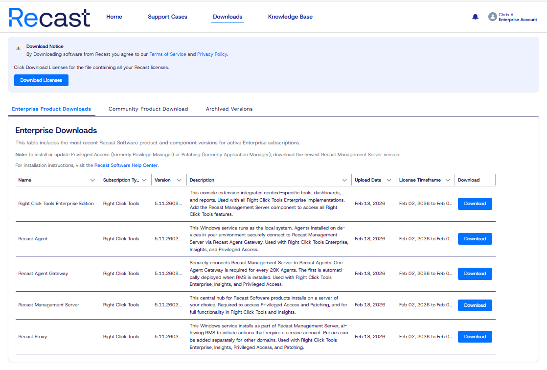Recast Software portal table row showing cloud icon in the Actions column