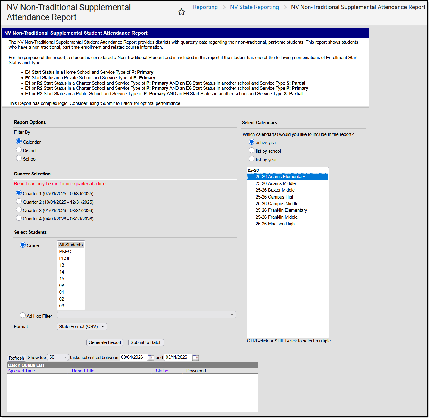 Image of the Non-Traditional Supplemental Student Attendance Report Editor.