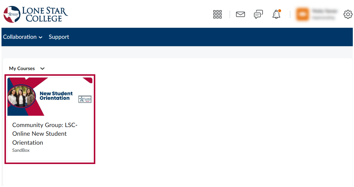 Shows the New Student Orientation course tile highlighted on the D2L homepage. 
