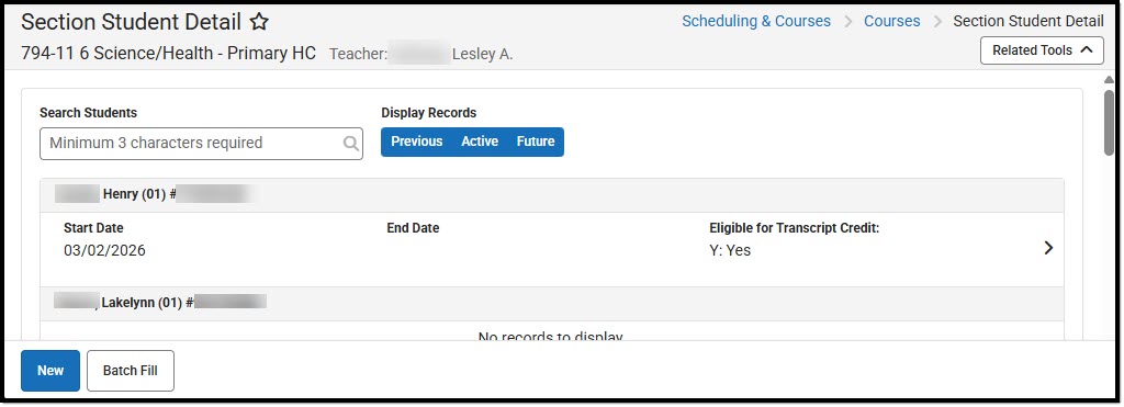 Screenshot of the Section Student Detail tool for Montana.