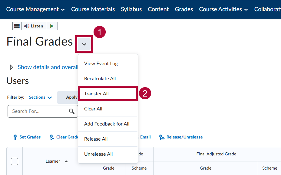 Indicates Transfer All menu option of down arrow next to Final Grades heading.