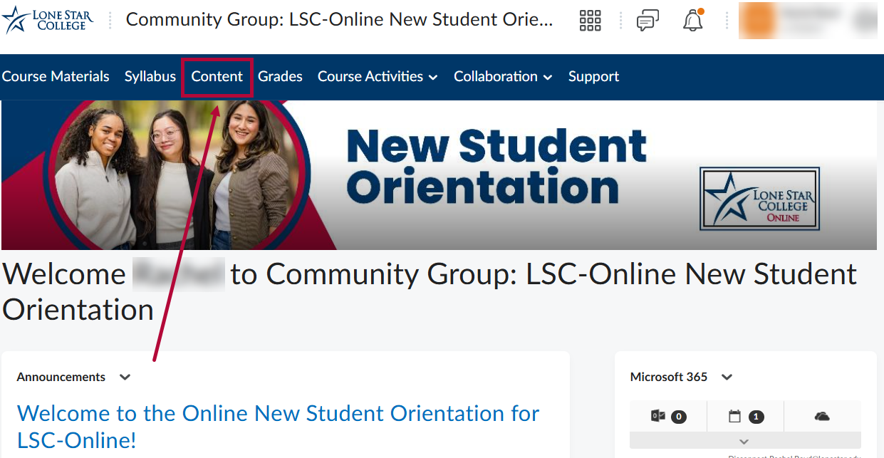Shows the Content button highlighted on the D2L Navbar