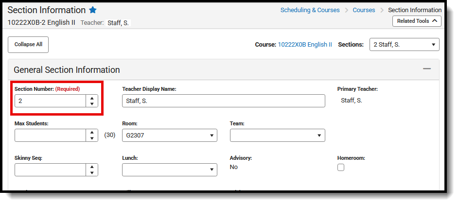 Screenshot of the Section Information editor, highlighiting the required Section Number field. 