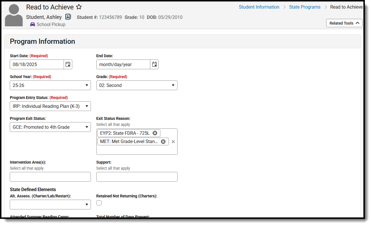 Screenshot of the Read to Achieve editor, located at Student Information, State Programs