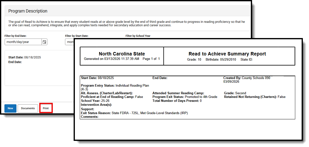 Screenshot of the Read to Achieve Print Summary Report. 