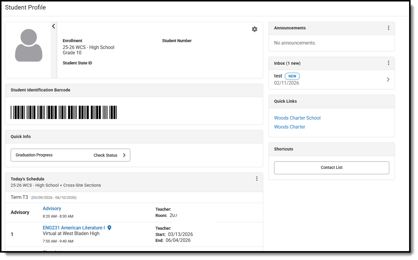 Screenshot of the Student Portal Profile for enrollment at Home School. 