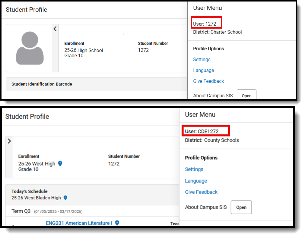 Screenshot of the User Menu for a student's portal logins showing the interdistrict usernames