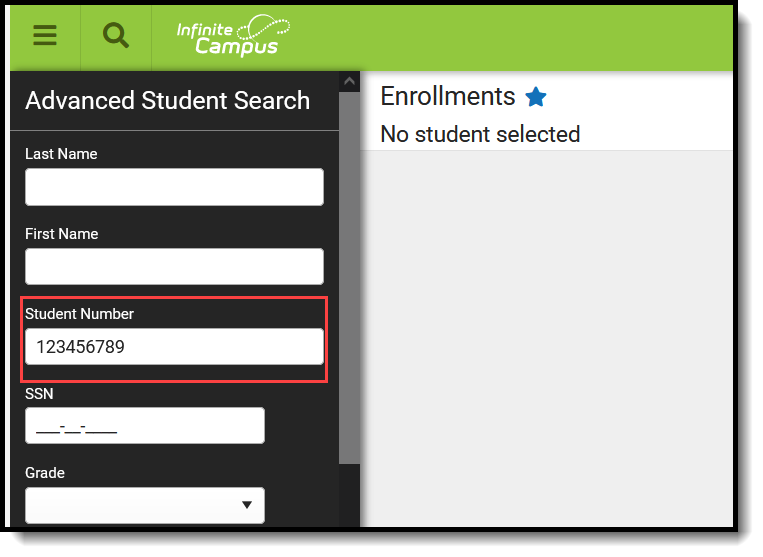 Screenshot of the Student Number field on the Advanced Search Field Screen. 