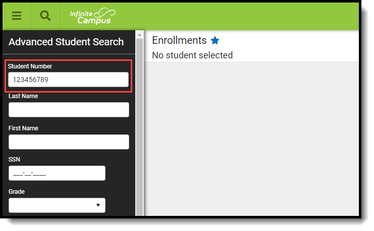 Screenshot of the Student Number field as the first field in the Advanced Search Options. 