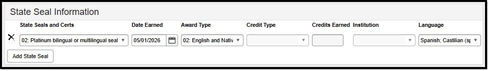 Screenshot of the State Seal Information fields on the Montana Graduation tool.