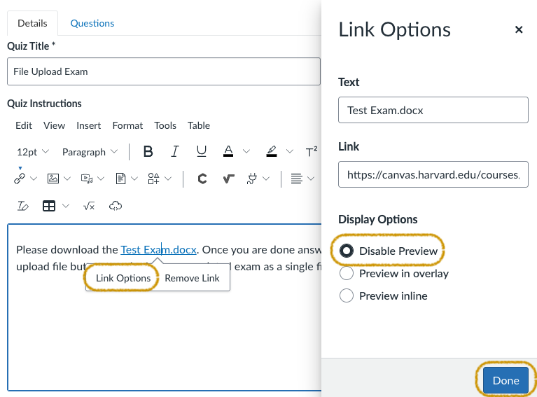 screenshot of an exam details section showing the pop up and slide out link option menus