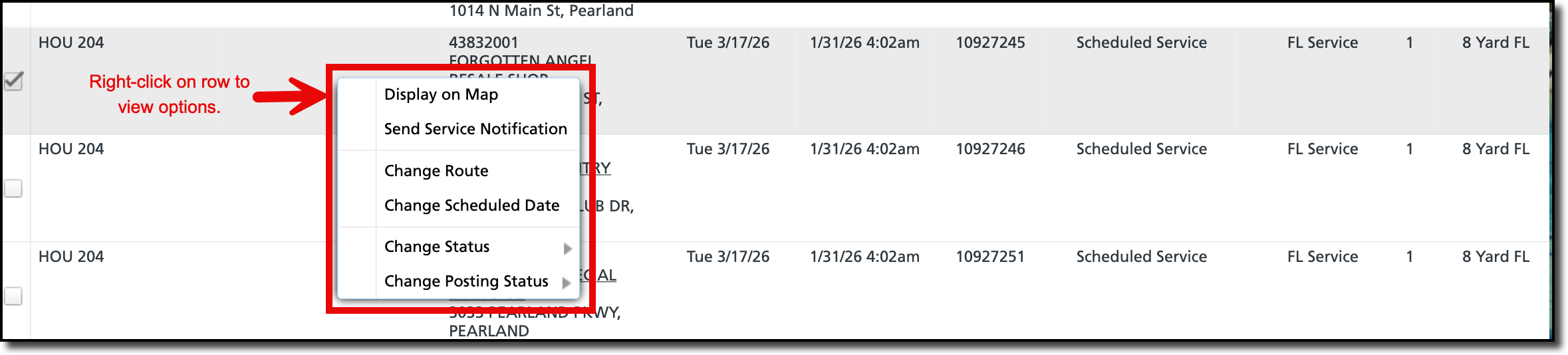 Services quick actions menu
