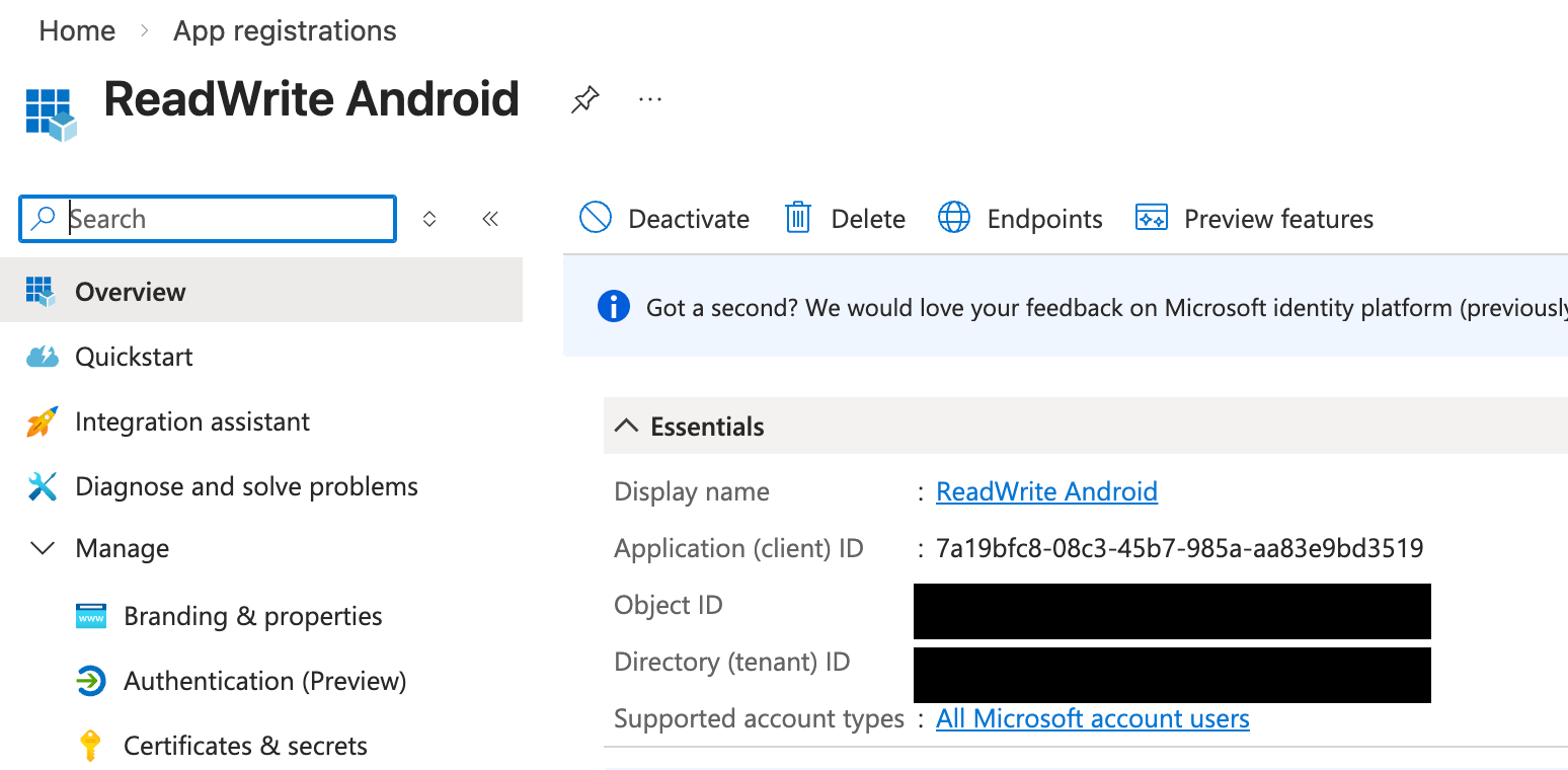 Azure showing Read&Write in the app registration