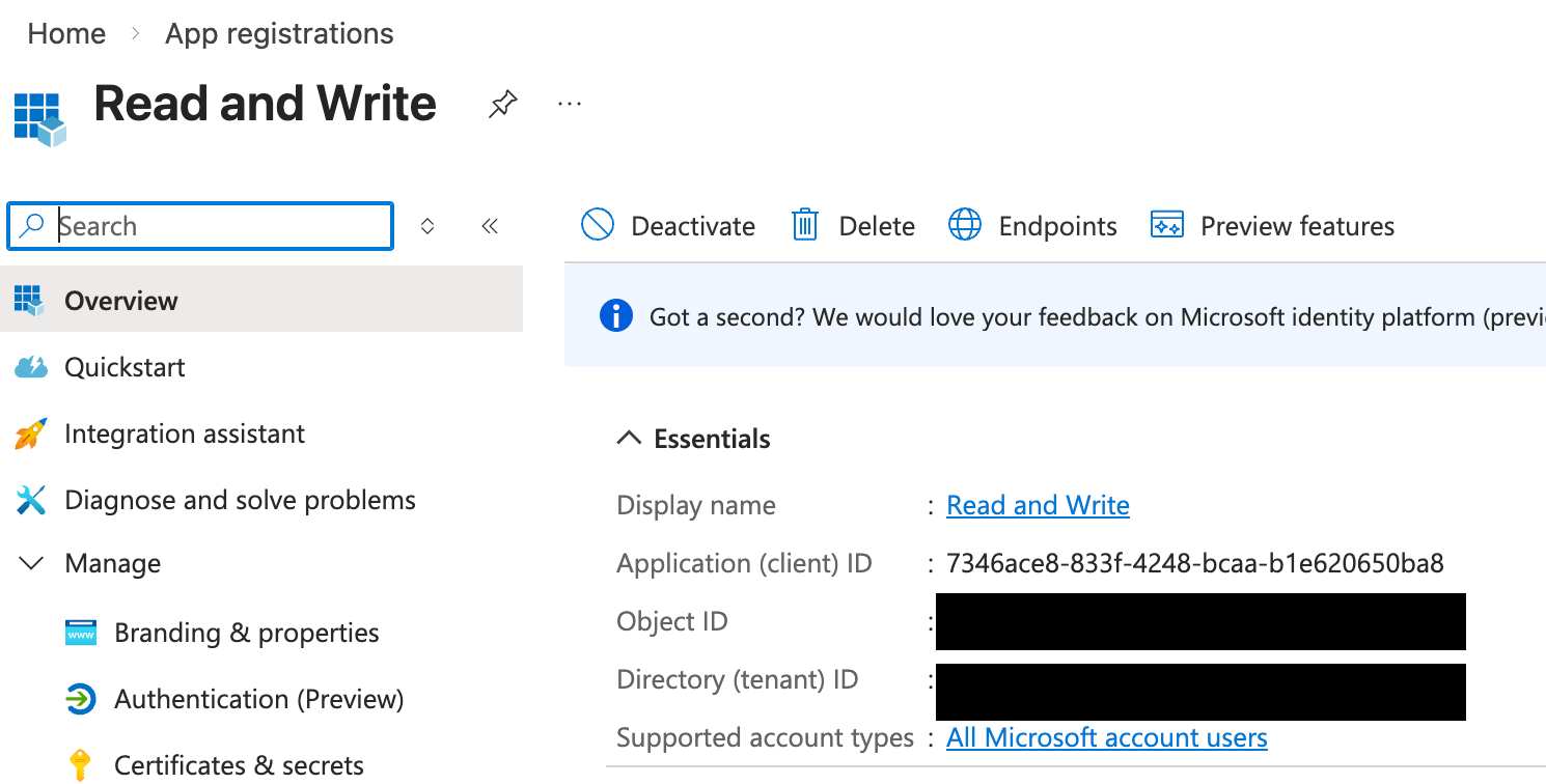 Azure showing Read&Write in the app registration