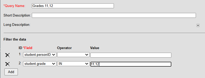 screen shot of an Ad hoc query for students in grades 11 or 12.