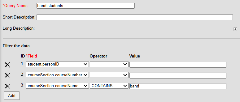 screen shot of an Ad Hoc filter query for band students.