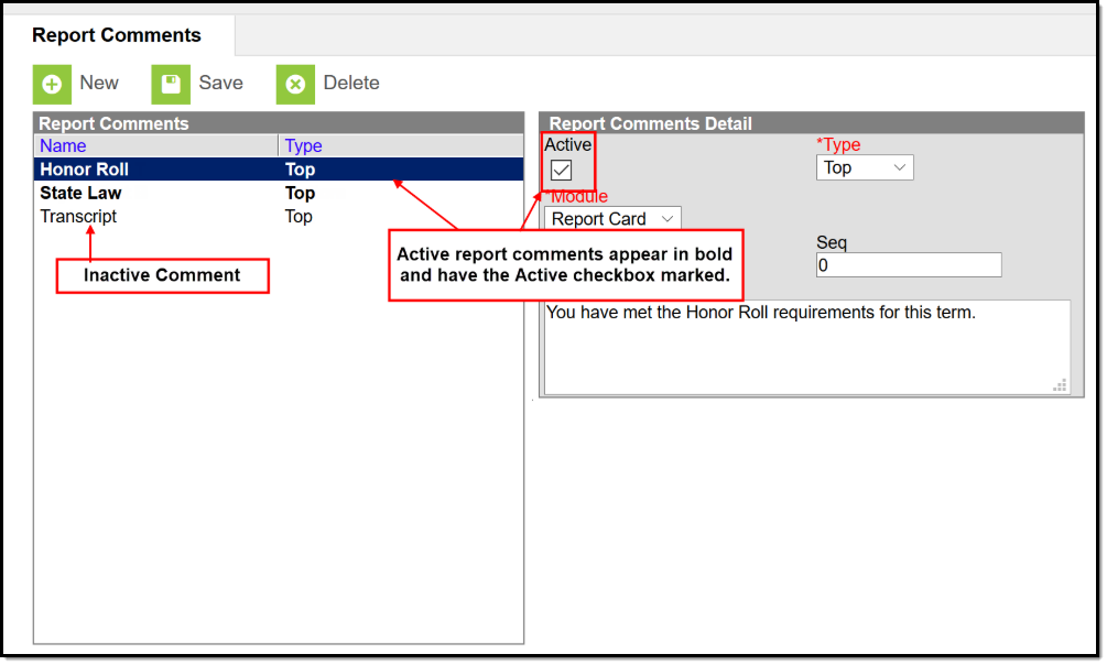 Screenshot of the Report Comment detail highlighting active versus inactive comments.
