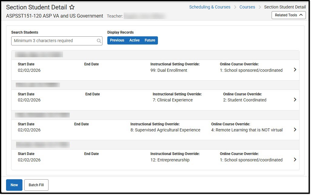 Screenshot of the Section Student Detail tool.