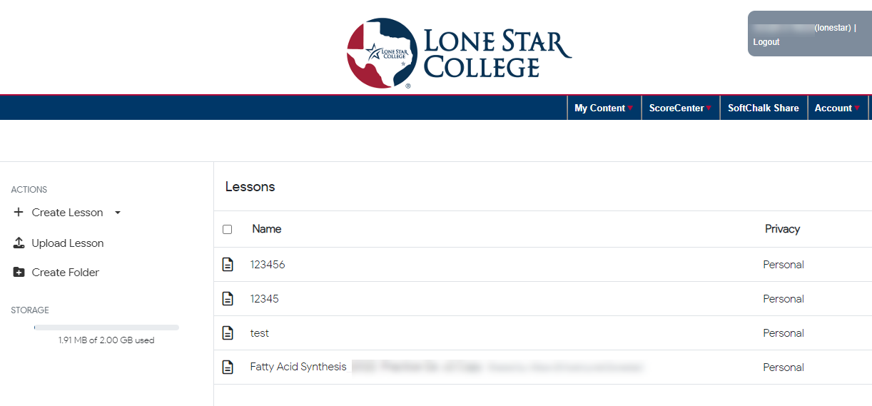 SoftChalk Cloud Lessons page showing a list of lessons in the My Content section.