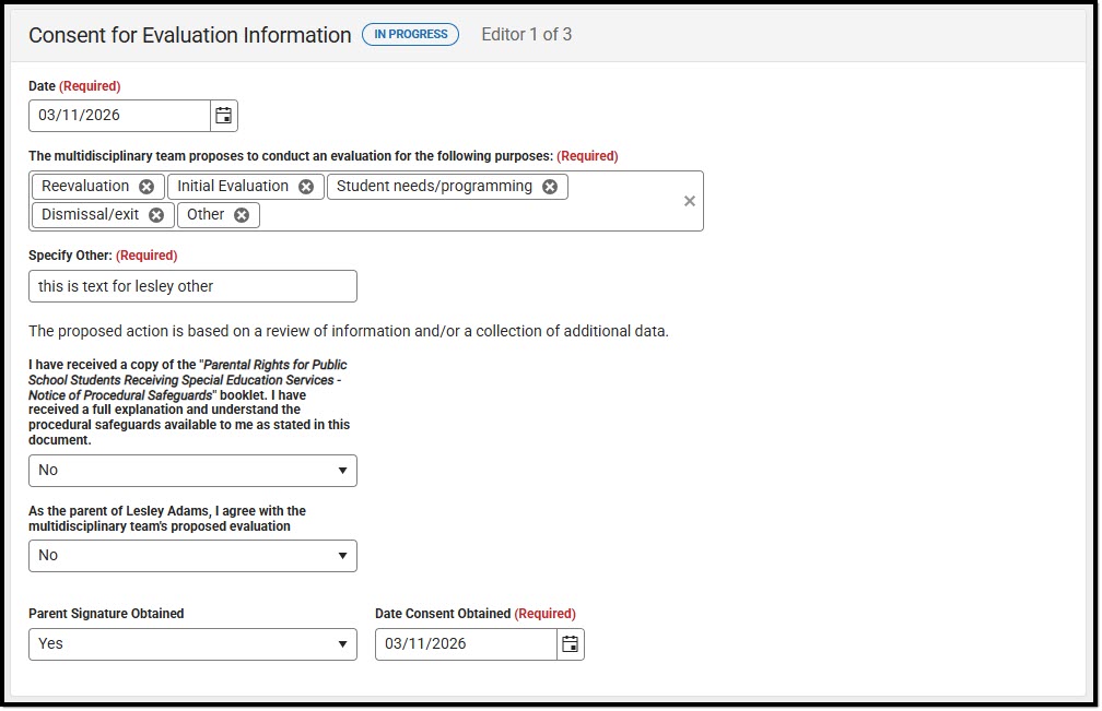 Screenshot of the Consent for Evaluation Information Editor.
