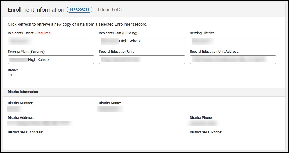 Screenshot of the Enrollment Information Editor.