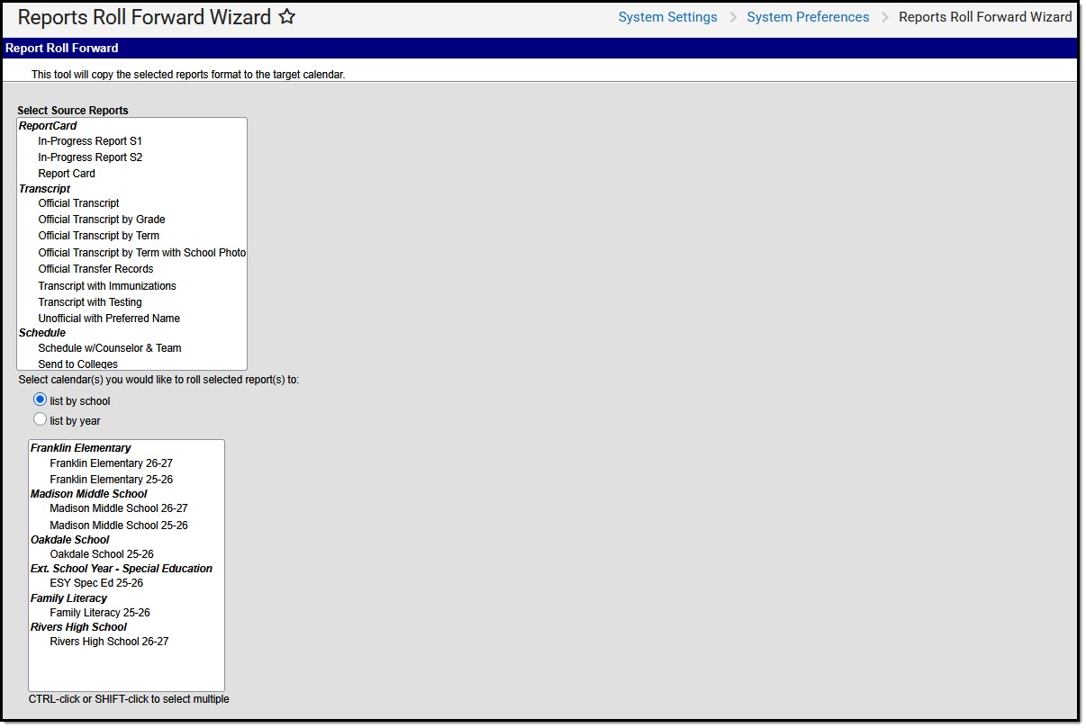 Screenshot of the Reports Roll Forward Wizard tool
