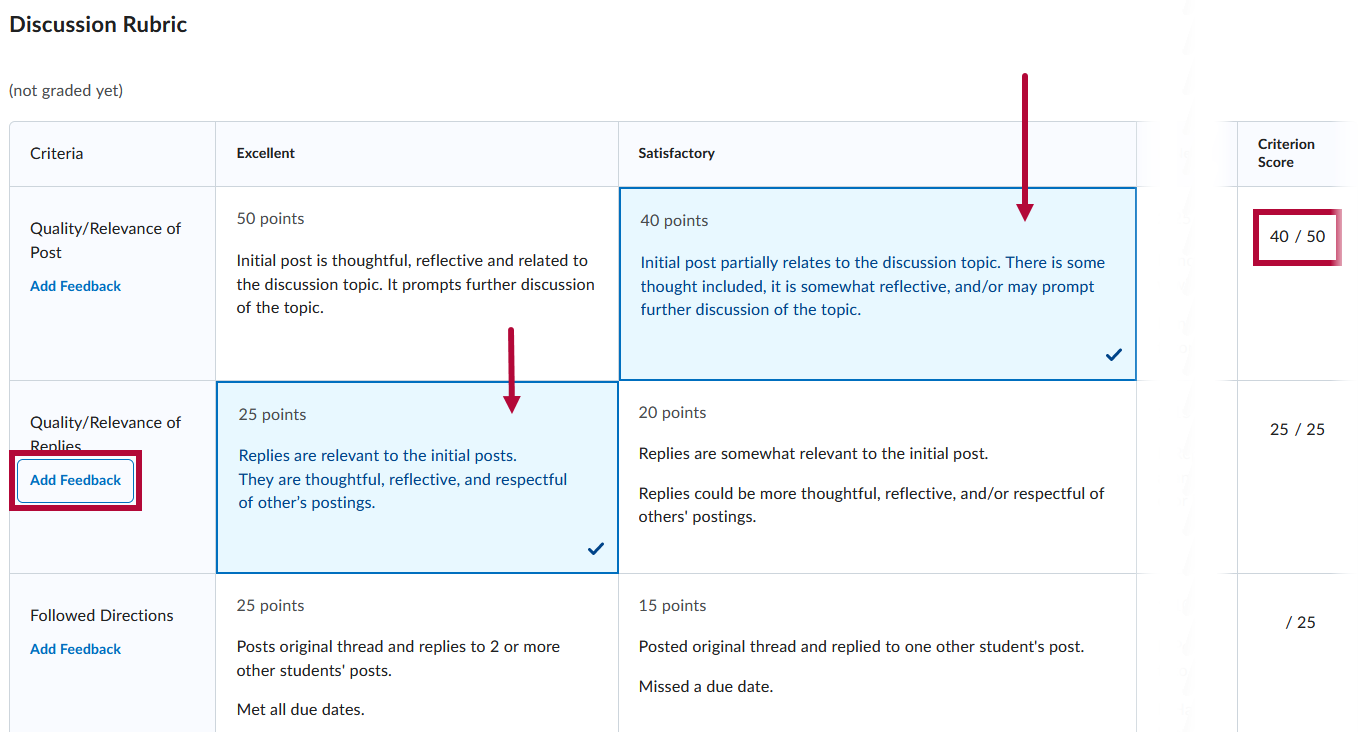 Shows rubric and identifies Add Feedback and the criterion score in the pop-out rubric view