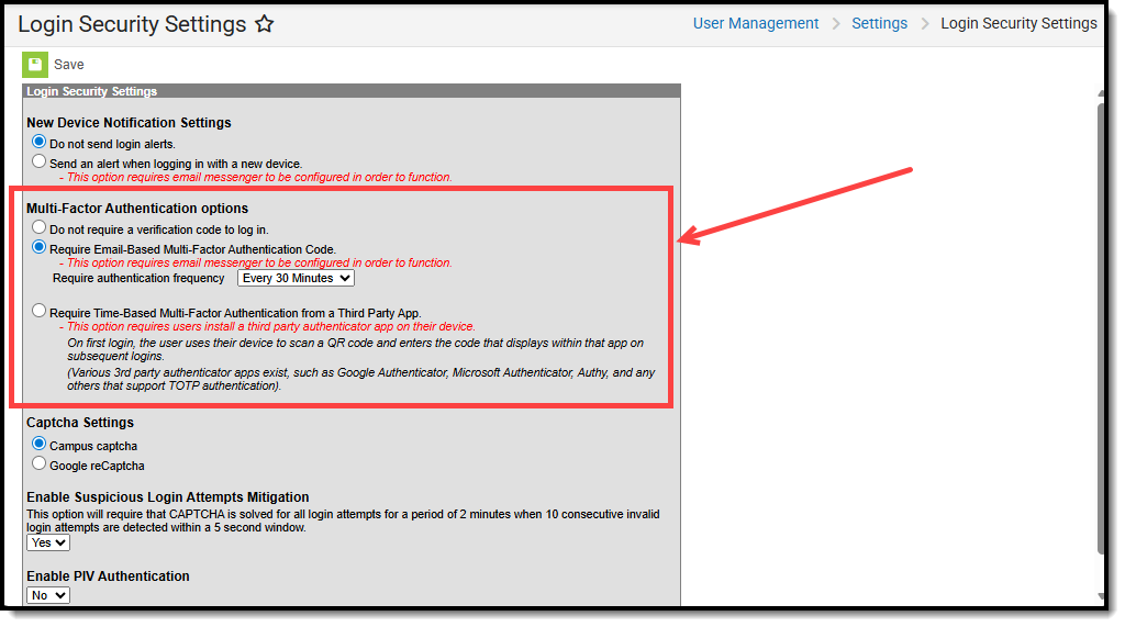 screenshot of the multi-factor authentication section highlighted