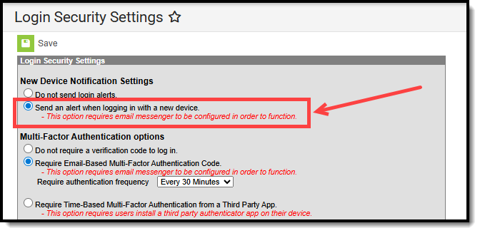 screenshot of the send an alert when logging in with a new device setting