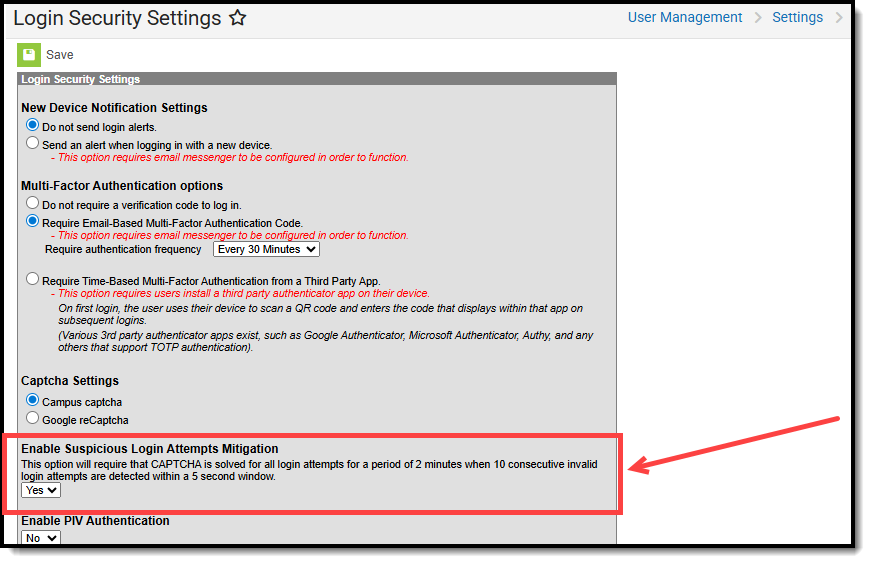 screenshot of the enable suspicious login attempts mitigation highlighted