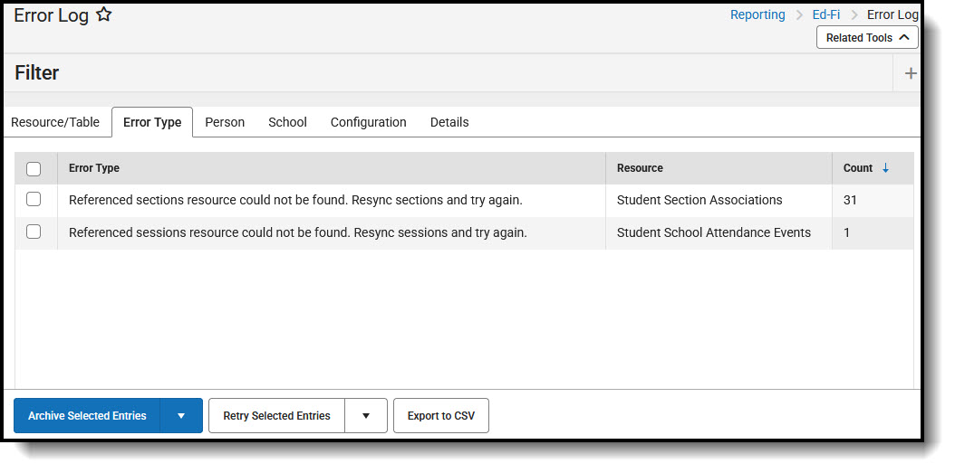 Screenshot of Error Log by Error Type.