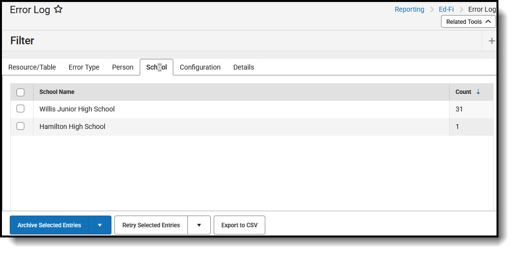 Screenshot of Error Log by School.
