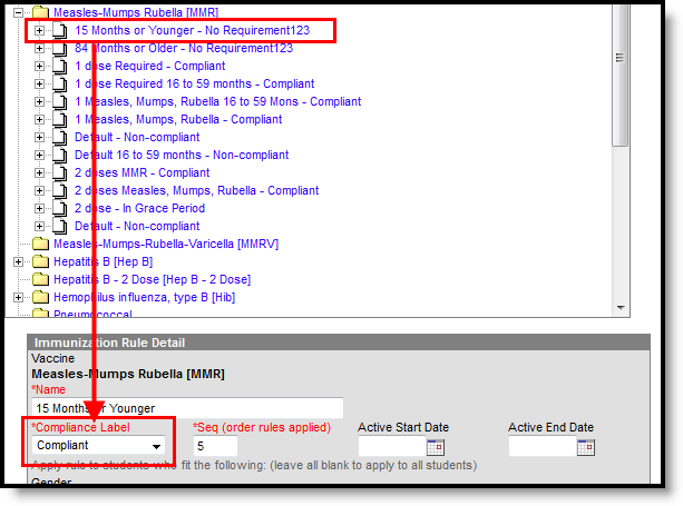 Screenshot of the vaccines tool with a compliance label assigned to a vaccine.
